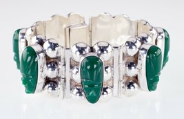 Gorgeous Sterling Silver Green Jade Warrior Bracelet Made in Mexico - £205.17 GBP