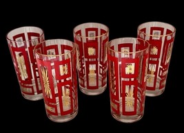 5 Jeannette Glass MCM Red Atomic Starburst Highball Flat Tumbler Vintage 1950&#39;s - $75.03