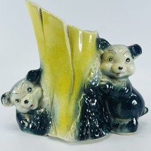 American Bisque Pottery Kitsch Black Bear Cubs Tree Stump Planter Vase VTG 1940s - £11.63 GBP