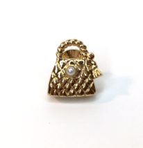 AVON Vintage Signed Bag Lapel Pin Textured Gold Tone Bow Faux Pearl - £9.57 GBP