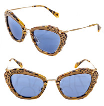 MIU MIU NOIR 04Q Brown Havana Blue Leather Crystal Sunglasses MU04QS Authentic - £130.57 GBP