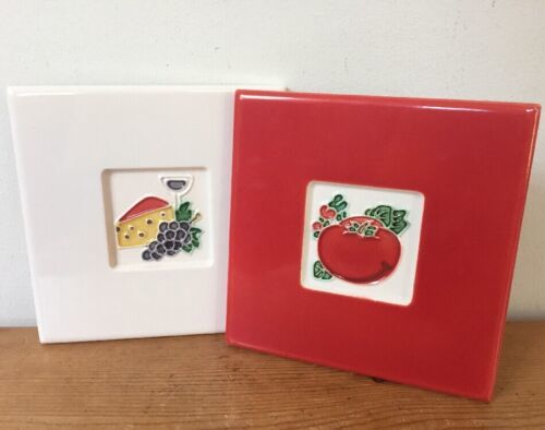 Pair Vtg Tomato Cheese Wine Red White Cork Backed Ceramic Tile Trivets 6... - $36.62