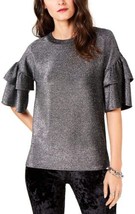 MICHAEL Michael Kors Womens Double Ruffle Sleeve Top Size Large, Black/Silver - £61.53 GBP