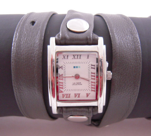 LA MER Watch Simple Gray  Leather Wrap Silver Square White Dial - £60.25 GBP