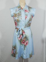 Vintage 70s Blue Floral Dress Size 7  Button Front Collar Attached Belt Tie - £27.88 GBP