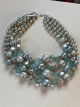 Vintage Triple Strand Various Shaped Metallic Light Blue Plastic Bead Necklace – - £8.88 GBP