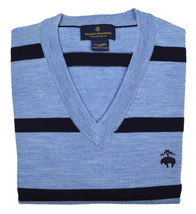 Brooks Brothers Mens Blue Striped V-Neck Merino Wool Sweater Sz XS Xsmal... - $62.50