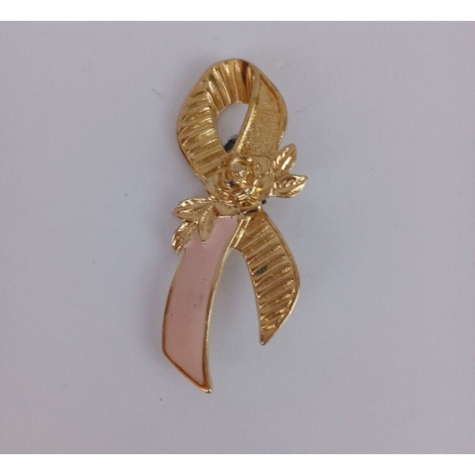 Vintage Gold Tone &amp; Pink Breast Cancer Awareness Ribbon With Rose Lapel ... - $8.42