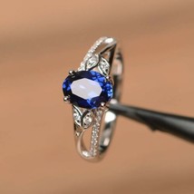 1.20 Ct Simulated Sapphire Engagement Oval Cut Leaf Ring 925 Silver Gold Plated - £86.77 GBP