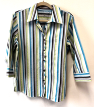 Foxcroft Women&#39;s SZ Large Bright Blue Green &amp; Brown Striped 3/4 Sleeve - £18.77 GBP