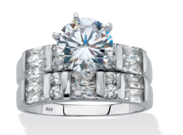 Round Emerald Cut Cz 2 Bridal Ring Set Platinum Sterling Silver 6 7 8 9 10 - £159.49 GBP