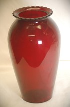 AH Ruby Red Glass Flower Vase Scalloped Edges Vintage MCM Glassware 9&quot; Tall - $19.79