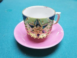 German pink Mid Century coffee cup and saucer lusterware flower decorated RARE - £34.88 GBP