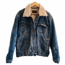 VTG Lee Faux Sherpa Fleece Lined Denim Trucker Jacket L Paint Marks Dist... - £67.24 GBP