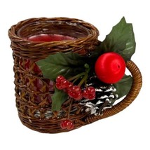 Vintage Wicker Cup Holly Berry Candle Holder Christmas Basket Winter Holiday - £21.97 GBP