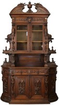 Antique Buffet Renaissance French Elegant Carved Oak Urns Grapes Glass Doors - £6,240.38 GBP