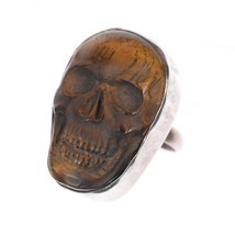 sz11.5 Adjustable Vintage Sterling Carved Tiger&#39;s Eye skull ring - $297.00