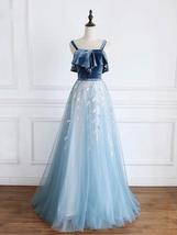 Blue tulle lace long prom dresses, blue tulle formal dress - £128.13 GBP