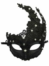 Black Crystal Lace Masquerade Swirl Flame Mardi Gras Ball Mask - £18.24 GBP