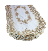 White Table Runner, Light Brawn Flower Embroidered Runner, 24x48&quot; - £39.04 GBP