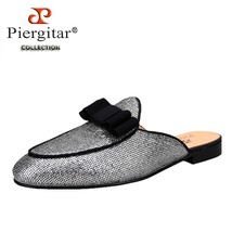 New Syle Square Glitter Silver Mules With Silk Bow Handcrafted Leather I... - $300.35