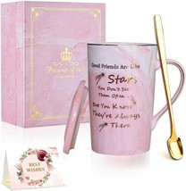 14 oz Pink Marble Mug w Lid Card &amp; Golden Tone Spoon Good Friends Are Li... - £21.15 GBP