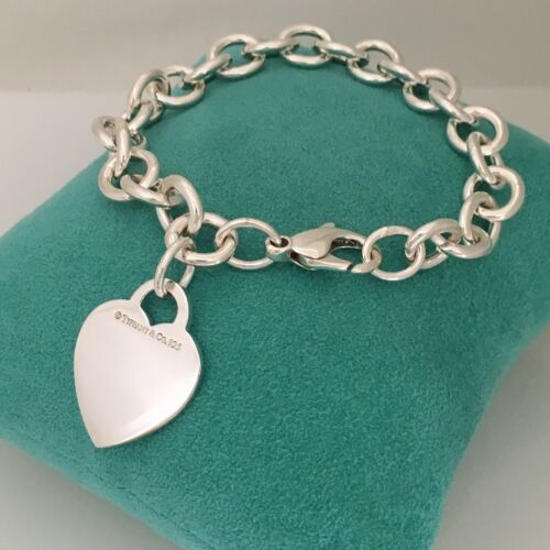 Primary image for 7.5" Tiffany & Co Sterling Silver Blank Heart Charm Tag Bracelet