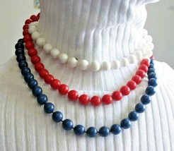 Fabulous Mod Long Red, White &amp; Blue Acrylic Bead Necklace 1960s vintage 52&quot; - £10.31 GBP