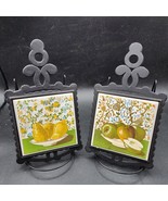 Vintage Hot Plate Holder Cast Iron Tile Trivet Apples &amp; Pears - Pair Of Two - $11.86