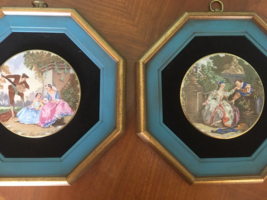 Pair of Vintage Octagonal Framed Paintings on French Porcelain  Courting Scenes - £50.39 GBP