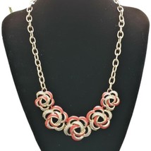 Pappagallo Salmon Color Rosette Rhinestones Stations Gold Tone Necklace ... - £7.46 GBP