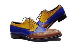 Oxford Multi Color Rounded Brogue Toe Wing Tip Genuine Leather Lace Up Men Shoes - £120.54 GBP+