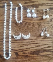 Lot of 6 VINTAGE Pearl Bracelet Earrings Necklace &amp; Satin Bead Faux Cost... - £19.46 GBP