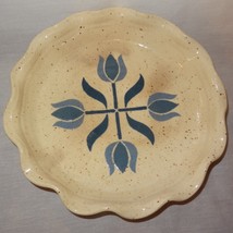 Pottery Pie Quiche Plate Speckled Tan Blue Flowers Baking Singed 1988 9&quot; Dish - £15.18 GBP