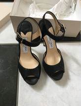 NIB 100% AUTH Jimmy Choo Linda Black Glitter Platform Sandal Sz 36.5 $695 - $394.02
