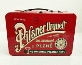 Pilsner Urquell Beer Lunch Box Advertising Tin Red Embossed Metal w/ Insert 11&quot;  - £10.38 GBP