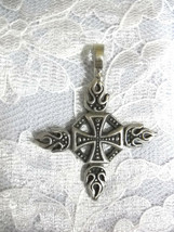 Flaming Iron Cross / Fire Maltese Cross Detailed Biker Pendant Adj Cord Necklace - £6.63 GBP