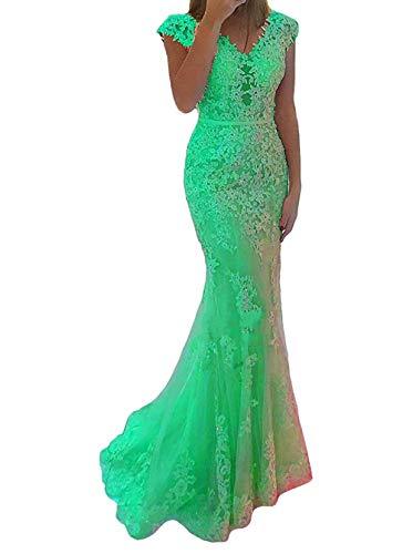 Plus Size V Neck Sheer Beaded Lace Tulle Long Mermaid Prom Dress Mint Green 18W