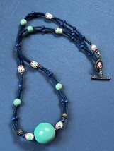Double Strand Tiny Blue w Faux Turquoise &amp; Chevron Plastic Bead Pendant Necklace - £8.99 GBP