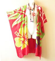 CM5 Red Floral Kimono 38" Midi Cardigan Duster Kaftan Jacket Cover Top -... - $29.90