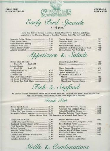 Primary image for Straub's Fine Seafood Restaurant Menu Altamonte Springs Florida1990's
