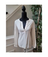 Ann Taylor Blouse Women&#39;s Medium White Black Striped Long Sleeve V Neck Top - $36.10 CAD