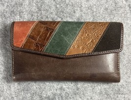 Vintage “Fossil” Brown/patchwork Color Checkbook/clutch Wallet Leather Nice - $32.50