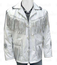 New Men&#39;s White Western American Style Cowboy Leather Jacket Fringes Patches-26 - £231.73 GBP