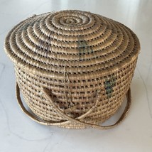 Mexican Coiled Basket With Handles And Lid Natural Arrow Pattern Vintage - £31.43 GBP