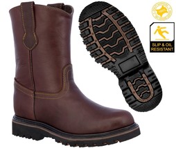 Mens Burgundy Work Boots Real Leather Slip Resistant Traction Sole Soft Toe - £47.17 GBP