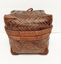 VTG Woven Basket Lidded Southwest Style &#39;90&#39;s Houndstooth Weave 7.5&quot;x8&quot;x8&quot; - £101.13 GBP