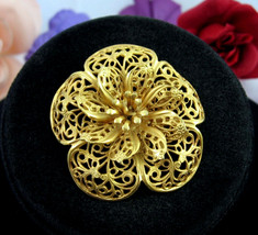 Filigree Flower Brooch Vintage Lacy Pin Goldtone Domed Curved 1 3/4&quot; Broach - £13.53 GBP