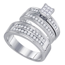 14kt White Gold His Hers Princess Diamond Matching Bridal Wedding Ring Set - £1,753.09 GBP