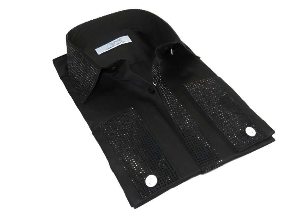 Men CEREMONIA Formal Shirt Rhinestone 100% Cotton Turkey #stn 15 tsb Black Fancy